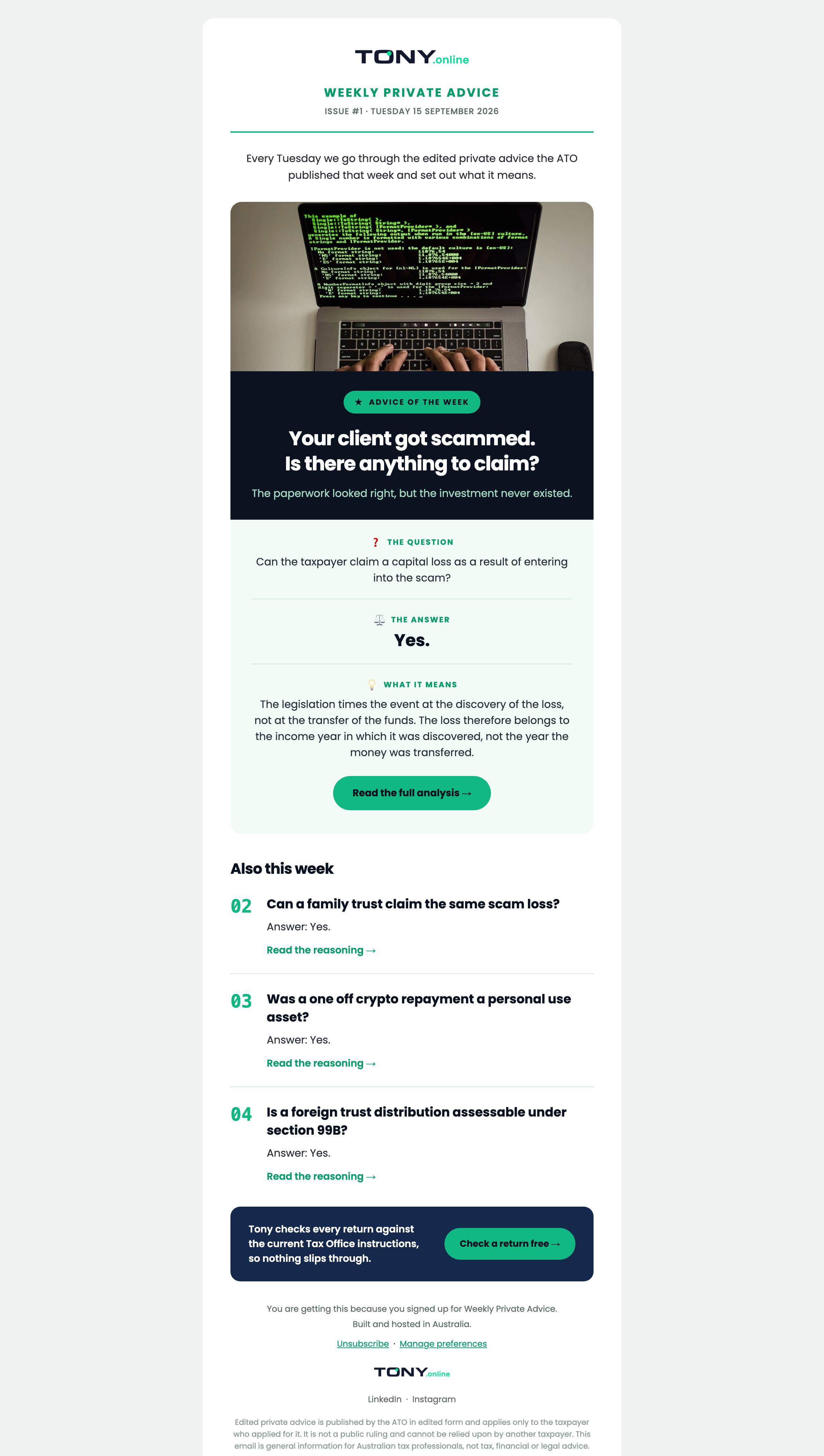 Weekly Private Advice Issue #1 open on a laptop: the featured advice on whether a scammed client can claim a capital loss, then four more items from the issue.